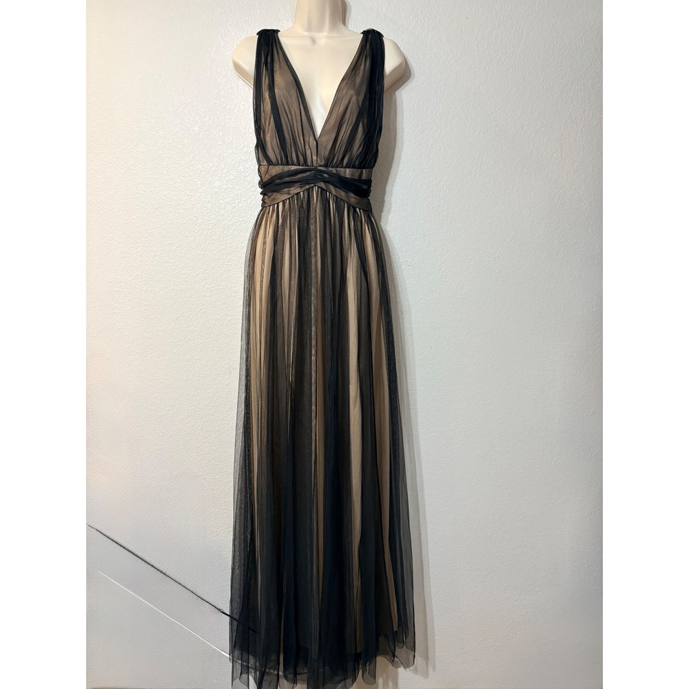 Luxxel Black Tulle Mesh Nude Lining V-Neck Maxi Gown Prom Formal Dress Large